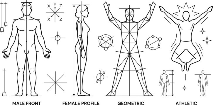 Human anatomy proportion icons with male female geometric and athletic body vector charts