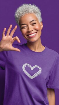Smiling woman in a purple shirt with a heart design, making an 'OK' gesture, against a vibrant purple background, radiating positivity and confidence.
