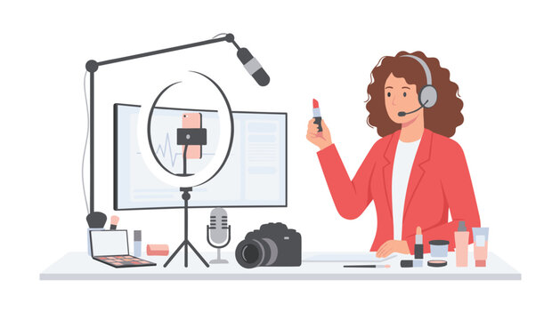 Young woman recording a makeup tutorial with professional video equipment including a ring light, camera, and microphone in a studio setting.