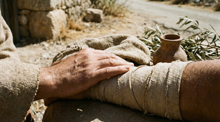 Close-up of a hand offering comfort and support to a wounded person with a bandaged arm, biblical concept of the Good Samaritan, compassion, and humanitarian aid