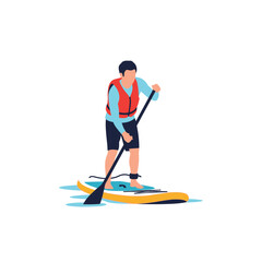 Fototapeta premium Vector illustration of an athlete stand-up paddleboarding on calm water, featuring a side-view silhouette and paddle, ideal for outdoor recreation and summer fitness themes.