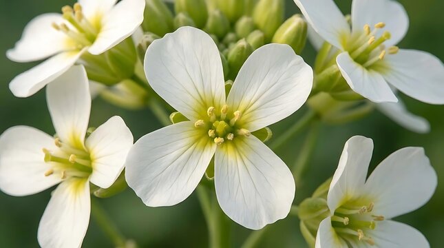A close-up view of camelina sativa blossoms showcasing delicate white four-petaled flowers with yellow centers blooming in a sunny field in springtime