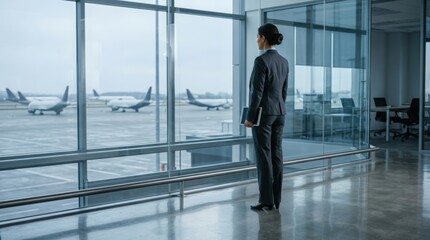 Fototapeta premium Businesswoman Analyzing Airline Operations at Airport Terminal Window