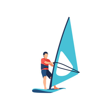 Vector illustration of a windsurfer performing a dynamic carving maneuver on ocean waves. High-action graphic featuring an athlete with colorful sail, board, and water spray.