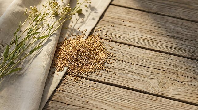 A rustic arrangement of Camelina sativa seeds spread on a weathered wooden surface next to organic plant sprigs for agricultural and botanical backgrounds