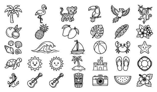 Cute Summer Vacation Doodle Collection with Tropical Beach Elements