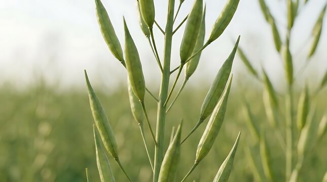 Close-up macro shot of healthy Camelina sativa seed pods ripening in a field during summer, highlighting the agricultural growth of oilseed crops