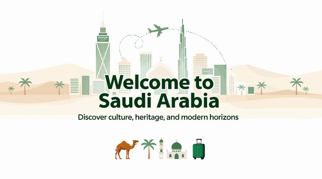 Saudi Arabia travel banner with iconic landmarks and symbols