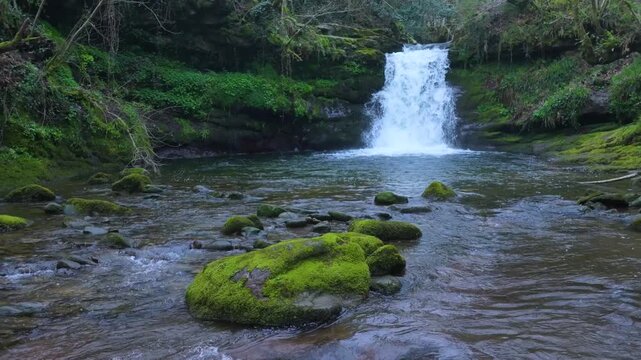 Aerial view from a drone of the waterfall landscape around the village of Vega de Pas. Pasiegos Valleys region, Cantabria, Spain, Europe