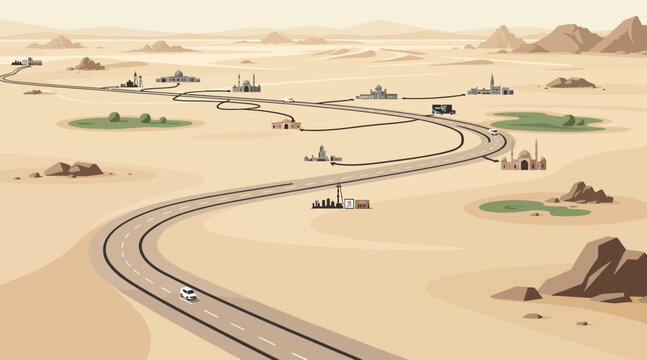 Desert road network connecting settlements and landmarks
