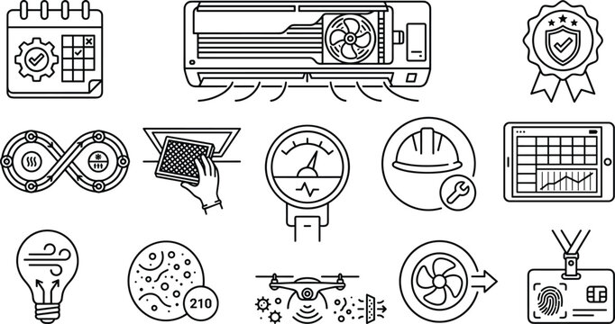 HVAC air conditioning maintenance quality certification air purification system and ventilation engineering line icons set