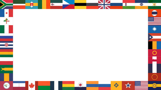 Collage of various national flags from around the world arranged in a border pattern with national countries patriotic identity international
