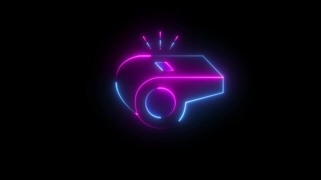Glowing neon whistle icon isolated on black background. ,Neon purple whistle outline on black background animation symbol of referee equipment sport , equipment.