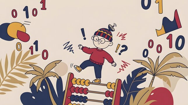 Smart boy walking carefully on an abacus while balancing data calculations and binary code digits