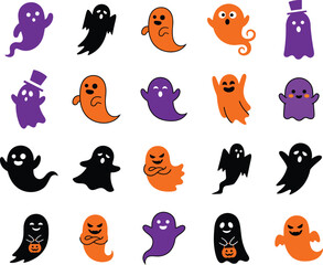 Fototapeta premium Halloween ghosts in various colors and emotions for spooky decorations and illustrations
