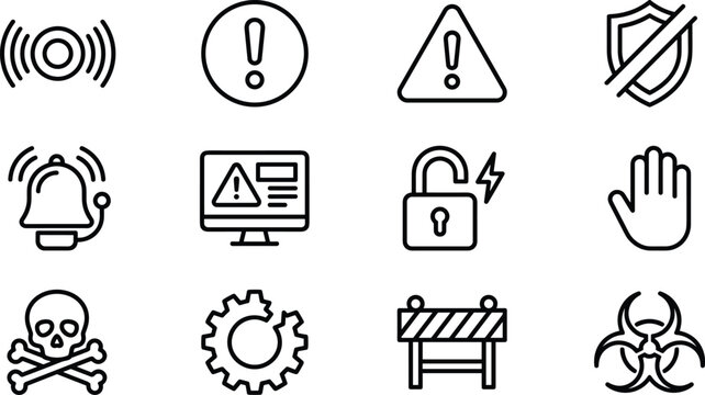 System alert hazard warning cyber security breach technical error and industrial danger line icons set