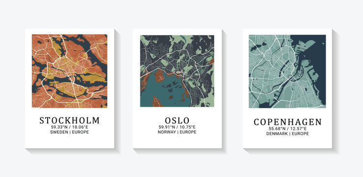Set of 3 minimalist Scandinavian city map prints featuring Stockholm, Oslo, and Copenhagen, Nordic travel poster wall art decor with coordinates.