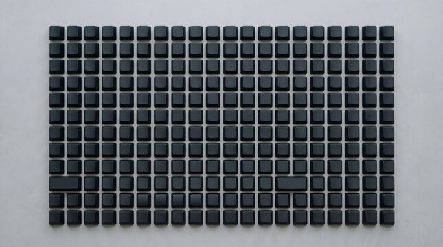 Sleek dark anthracite mechanical keyboard keycaps arranged in a perfect grid on a light grey background