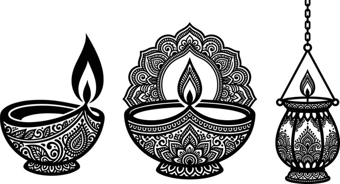 Traditional Indian Diwali Diya Oil Lamp Silhouette Vector Set Featuring Highly Detailed Mandala Patterns, Glowing Flames, and Hanging Lantern Ornaments for Festive Celebration Designs