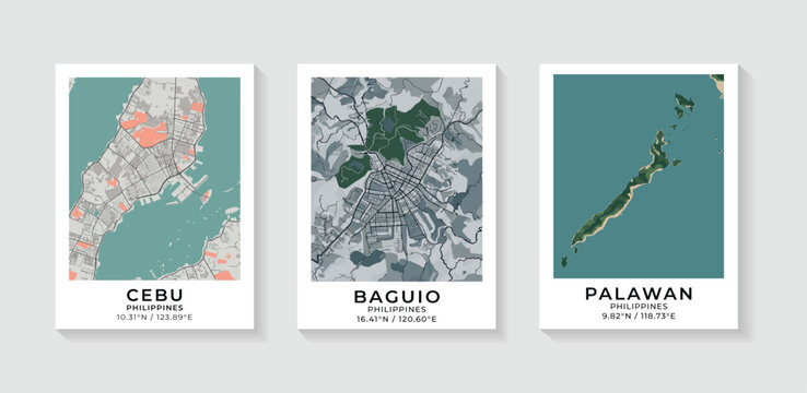 Set of 3 minimalist Philippines city map prints featuring Cebu, Baguio, and Palawan, modern travel poster wall art decor with coordinates.