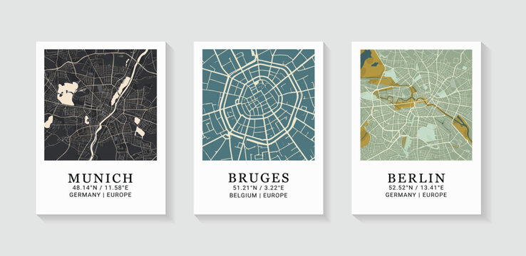 Set of 3 minimalist European city map prints featuring Munich, Bruges, and Berlin, modern Germany Belgium travel poster wall art with coordinates.