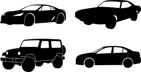 Modern Automotive Vehicles and Car Transport Solid Black Silhouette Vector Set Featuring Sports Coupe, Classic Muscle Car, Offroad 4x4 SUV, and Standard Sedan Automobile Models © Mstsumi