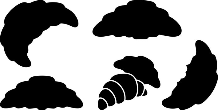 French Bakery Croissant Pastry Solid Black Silhouette Vector Set Collection Featuring Various Tasty Crescent Bread Shapes, Views, and Bitten Food Design Elements