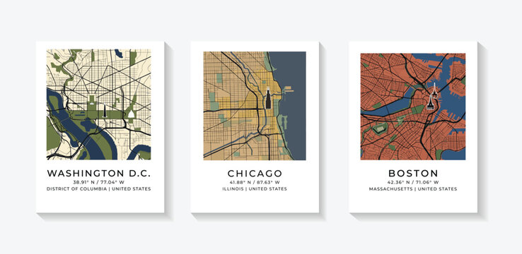 Set of 3 minimalist American city map prints featuring Washington DC, Chicago, and Boston, modern USA travel poster wall art decor with coordinates.