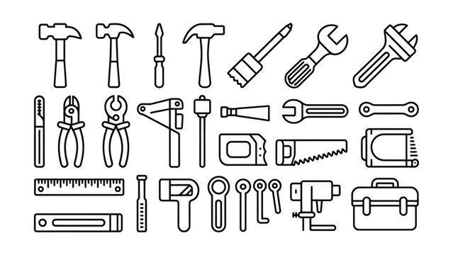 Black and white line collection of 30 isolated tools and hardware