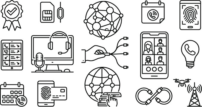 Telecommunication global network digital connectivity mobile security and online video conference line icons set