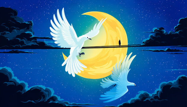 Birds Flying Over Moon With Tightrope Walker