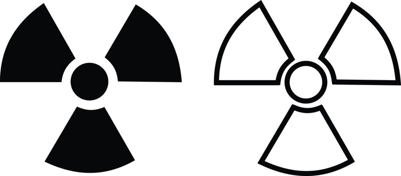 Radiation symbol icon set collection with nuclear hazard warning signs in black yellow red color variations, radioactive energy symbols, outline and filled vector design for safety and industrial use
