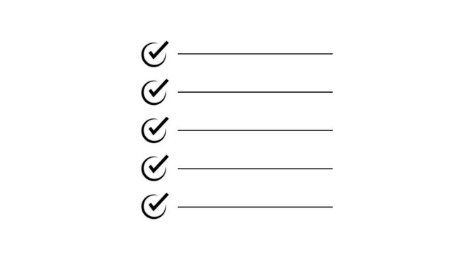 Animated checklist with green checkmarks in square boxes. Task completion animation on white background. Check all the boxes of checklist. Checking a to do list. checklist concept