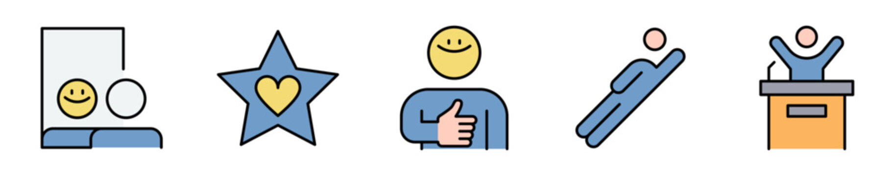 Conjunto de iconos de desarrollo personal. Representa crecimiento individual. Incluye autoestima, &eacute;xito, confianza, aprendizaje y superaci&oacute;n. Ilustraci&oacute;n vectorial