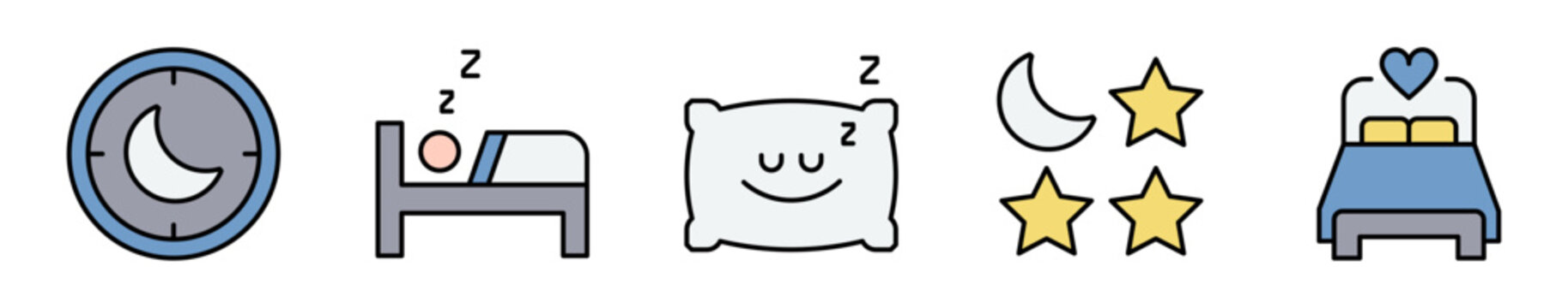 Conjunto de iconos de bienestar del sue&ntilde;o. Representa descanso saludable. Incluye descanso nocturno, comodidad, sue&ntilde;o reparador, relajaci&oacute;n y bienestar. Ilustraci&oacute;n vectorial
