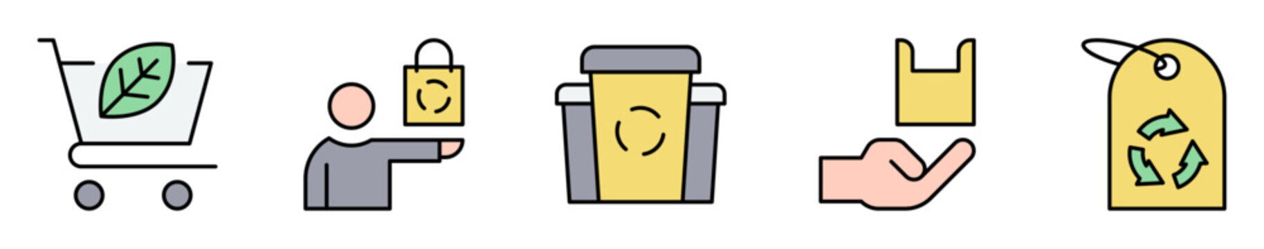 Conjunto de iconos de gesti&oacute;n de residuos. Representa consumo responsable. Incluye compra ecol&oacute;gica, reciclaje, clasificaci&oacute;n, reutilizaci&oacute;n y sostenibilidad. Ilustraci&oacute;n vectorial