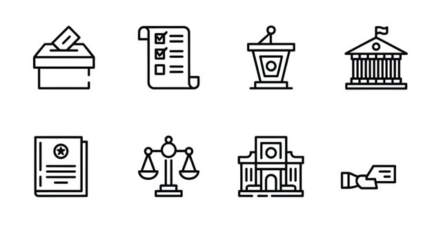Justice scales, gavel, ballot box, law books, handshake, and courthouse