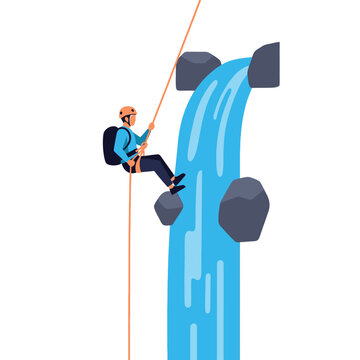 Vector illustration of an adventurer rappelling down a steep canyon waterfall using climbing ropes, wearing a safety helmet and harness during a high-adrenaline canyoning descent.