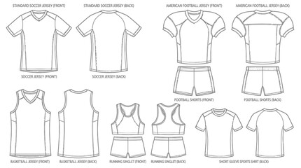 Naklejka premium Technical flat sketches of various athletic apparel designs for sports and fitness.