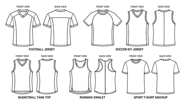 Collection of various sports jersey and shirt mockups for athletic apparel design.