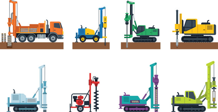 Foundation Drilling Rig and Pile Driver Equipment Vector Set for Construction Engineering