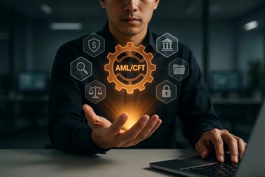 Businessman using anti money laundering and counter terrorism financing technology