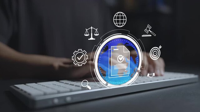 Regulatory compliance concept. Person typing keyboard with legal compliance and governance icons, policy adherence, risk management and corporate accountability.