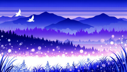 Obraz premium Flying Birds Over Purple Night Mountain Forest
