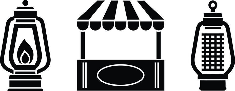 Featuring a classic camping oil lantern a small market shop stall and a hanging metal light lantern design on a simple background