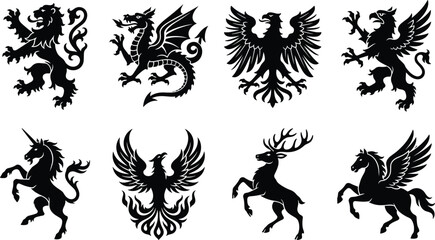 Fototapeta premium Heraldic Mythical Creature Silhouette Collection with Phoenix Dragon and Griffin Emblems
