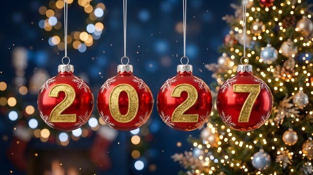 Four red Christmas ornaments hanging against a blurred festive background featuring a glowing tree and soft bokeh light effects