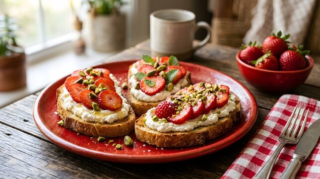 Three slices of toasted sourdough bread topped with fresh ricotta cheese, sliced strawberries, crushed pistachios, and honey on red plate