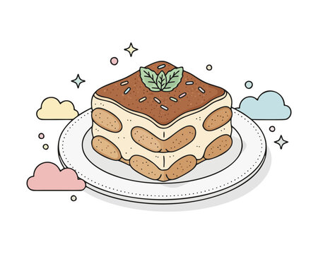 Stylish flat vector illustration of tiramisu slice on a plate food isolated on clean background with modern and appetizing composition. Great for food posters, menus, branding, and digital design 