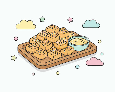 Stylish flat vector illustration of soft pretzel bites on a tray food isolated on clean background with modern and appetizing composition. Great for food posters, menus, branding, and digital design